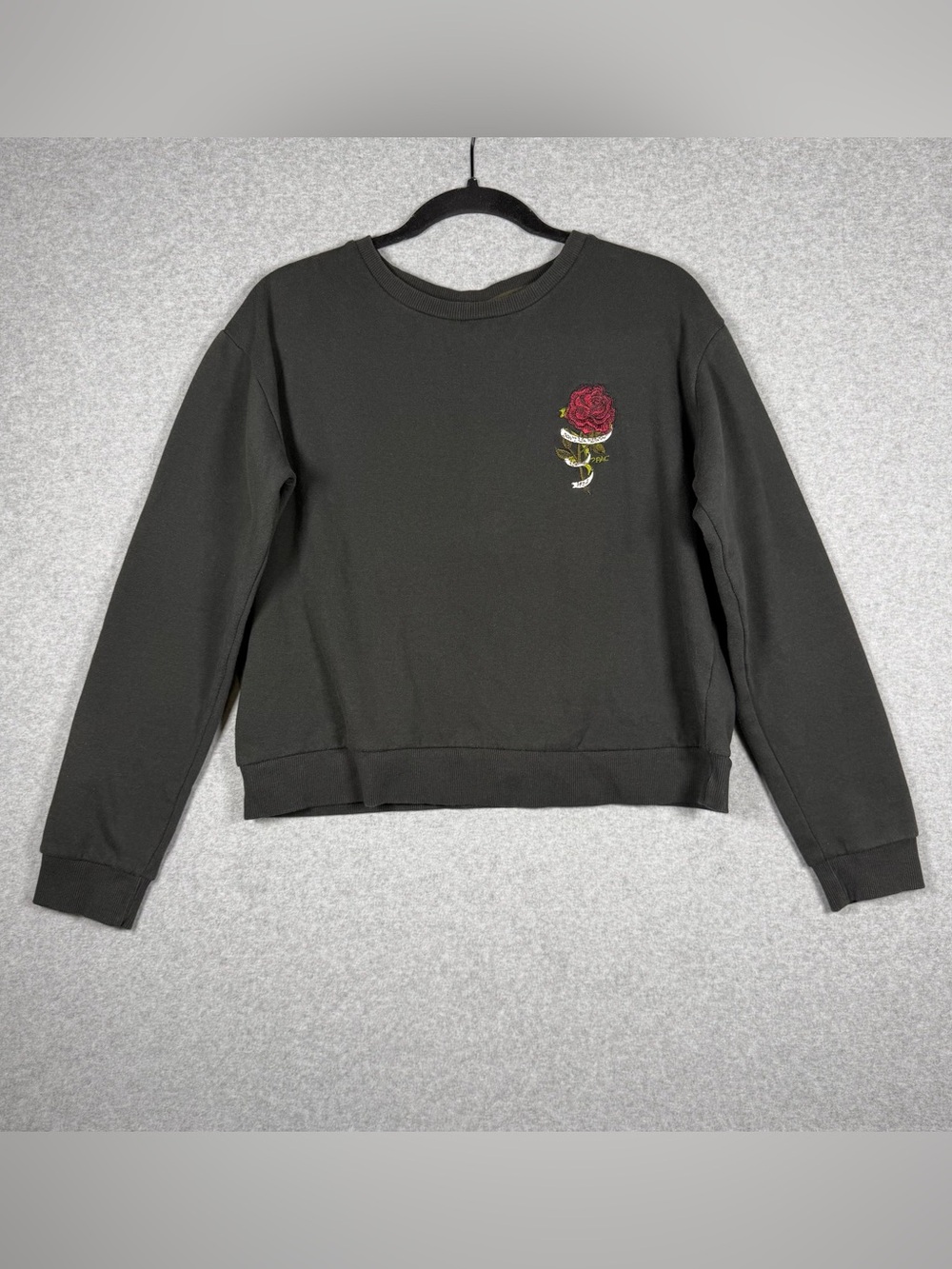 Black Crewneck Sweatshirt with Embroidered Red Rose